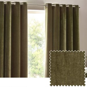 Heavy Chenille Velvet Room Darkening Eyelet Curtains Olive